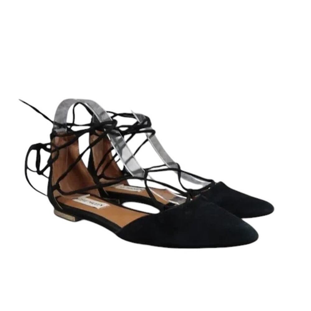 Steve Madden Shoes Womens 6.5 Flats Fashion Leather Ankle Wrap Black Sunshine